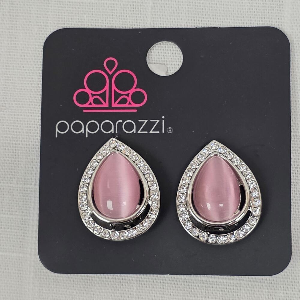 Paparazzi Pink Cat's Eye Teardrop Clip-On Earrings Silver Tone Rhinestone Accent
